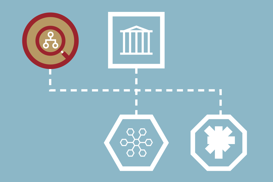 Graphic with symbols representing research, government, and curated data repositories, and code and data platforms